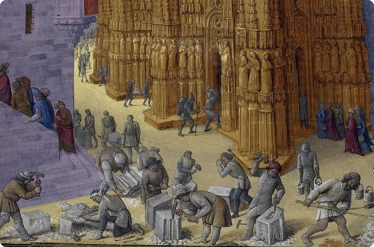 Medieval masons cutting and laying stone at a cathedral facade, illuminated manuscript miniature